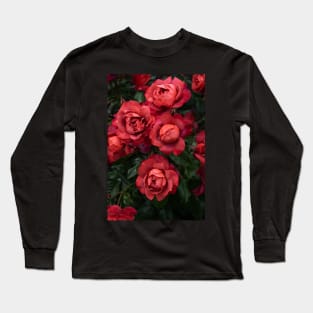 Dark Red Roses and Raindrops in Summer Garden Long Sleeve T-Shirt